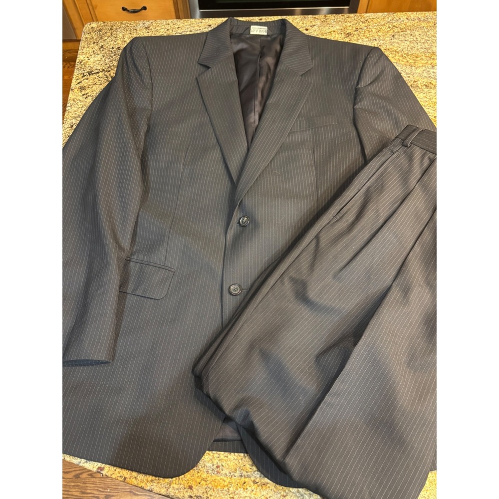Jos. A. Bank Mens 44L‎ 34W Pinstripe Suit Wool Blazer Pleated Pants Black